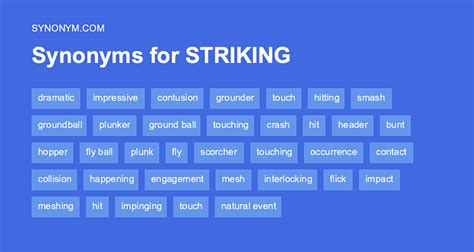 Best idiom <b>synonyms</b> for <b>'striking'</b> are 'in the foreground', 'out of sight' and 'out of the ordinary'. . Synonym striking